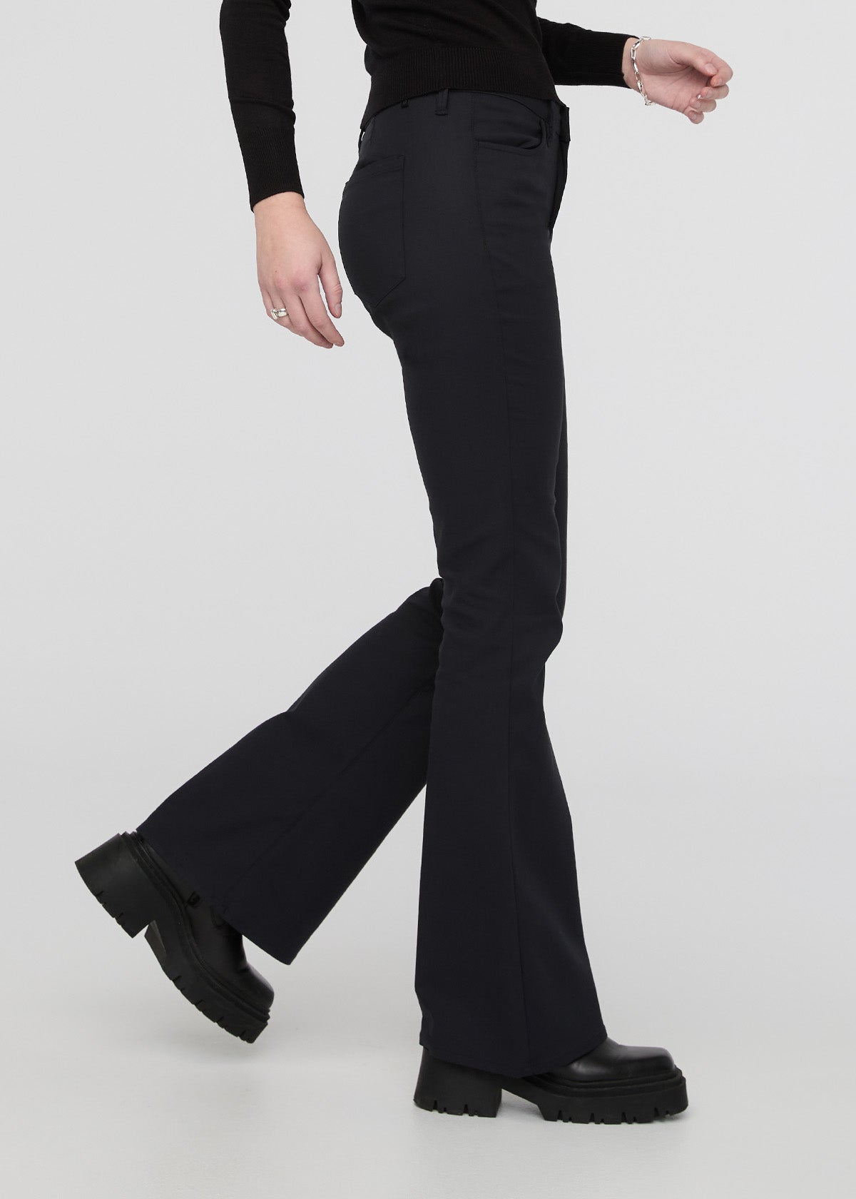 womens black high rise stretch flare pant side