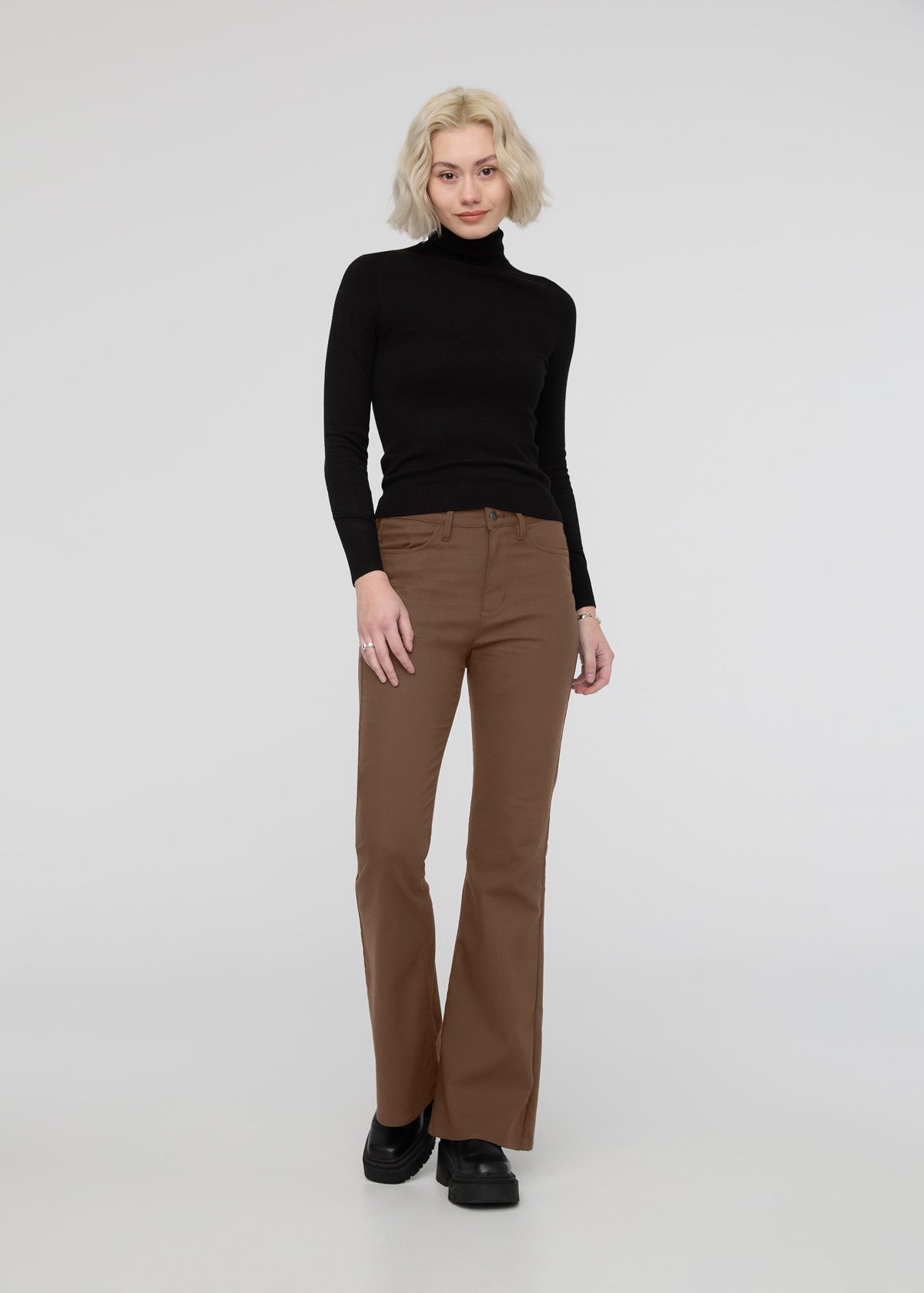 womens khaki high rise stretch flare pant full body