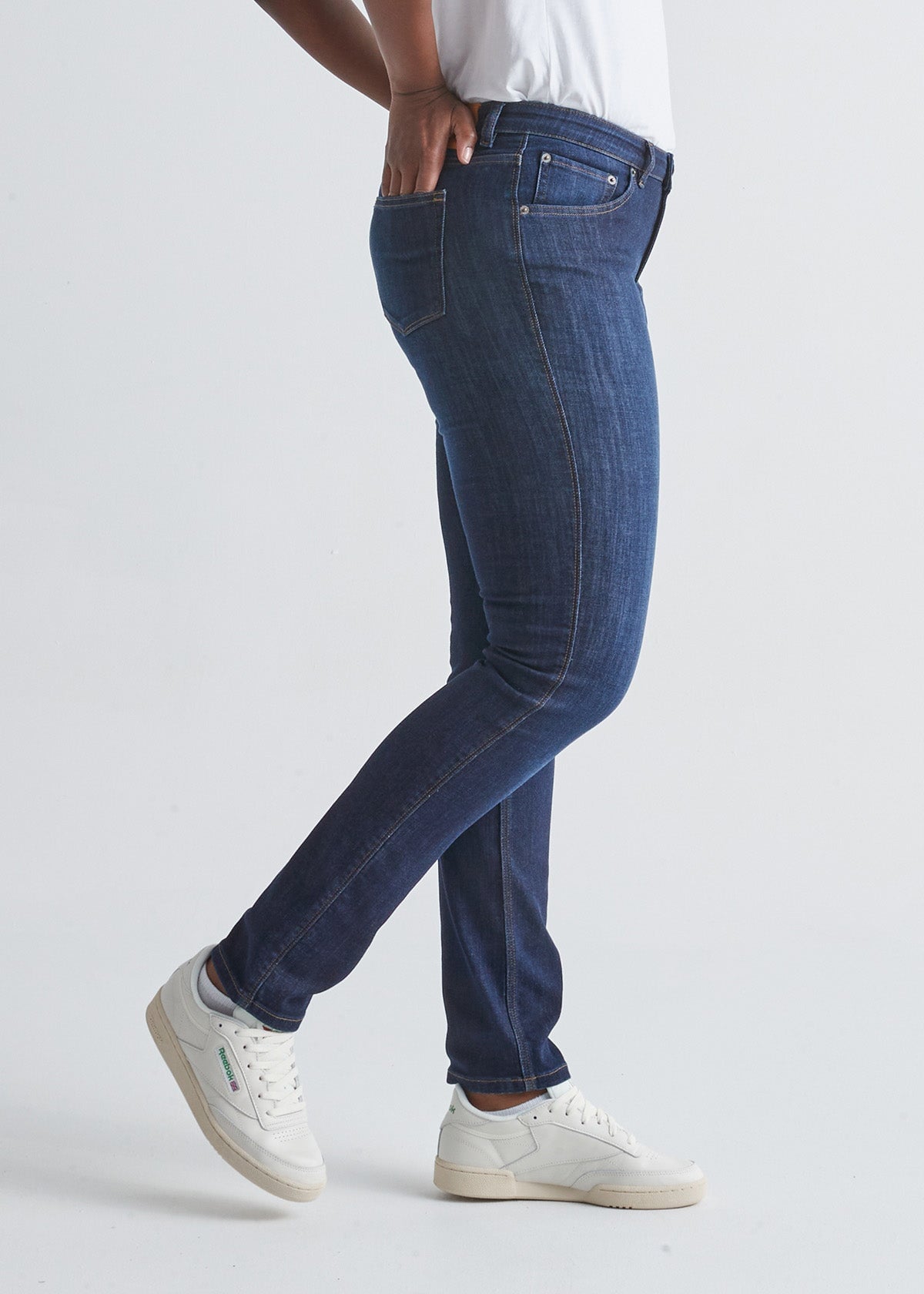 Women's Slim Straight dark blue stretch jeans side