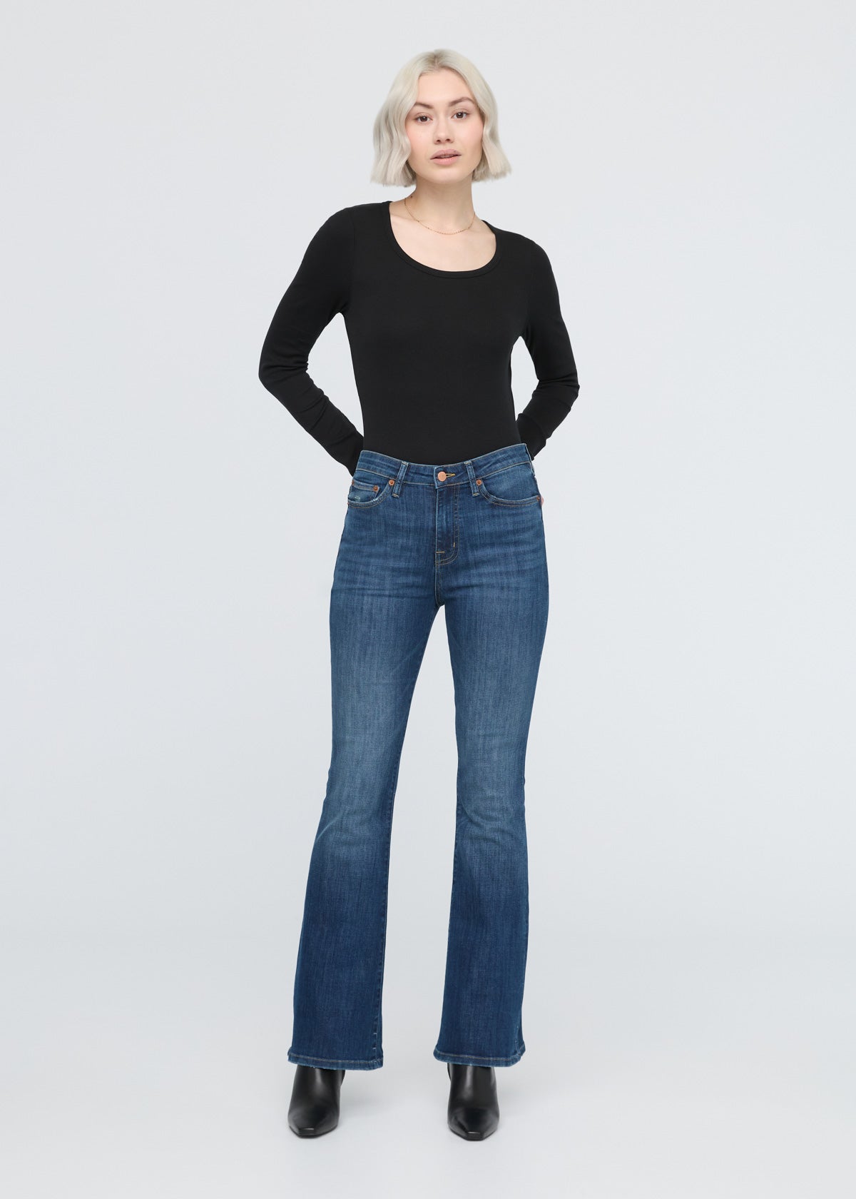 womens blue high rise flare jeans full body