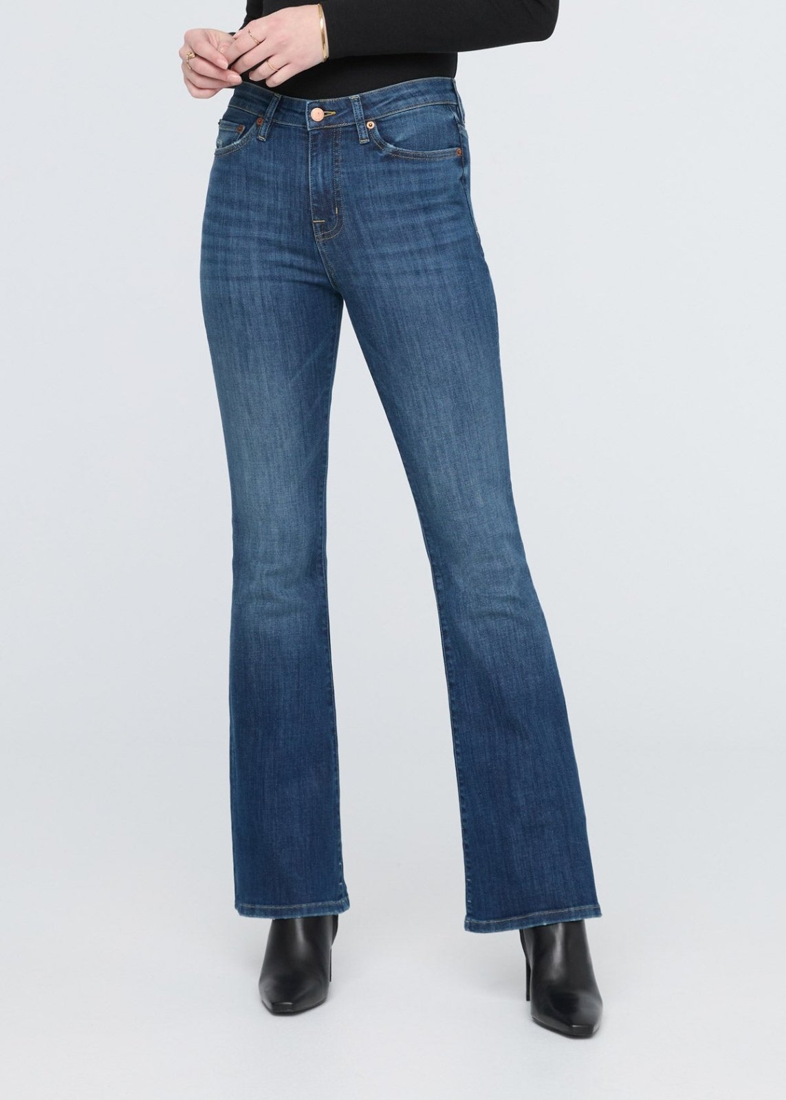 womens blue high rise flare jeans front