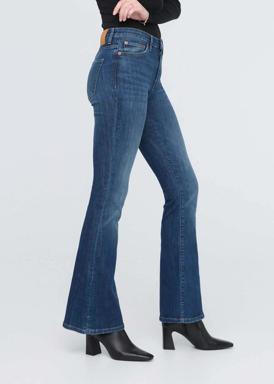 womens blue high rise flare jeans side