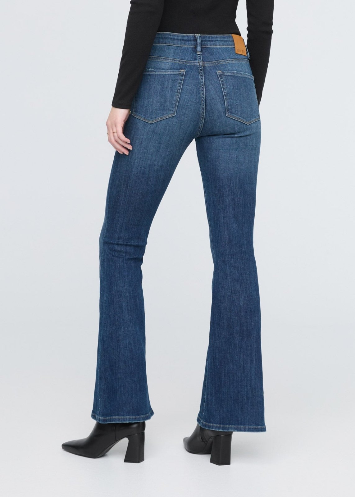 womens blue high rise flare jeans back