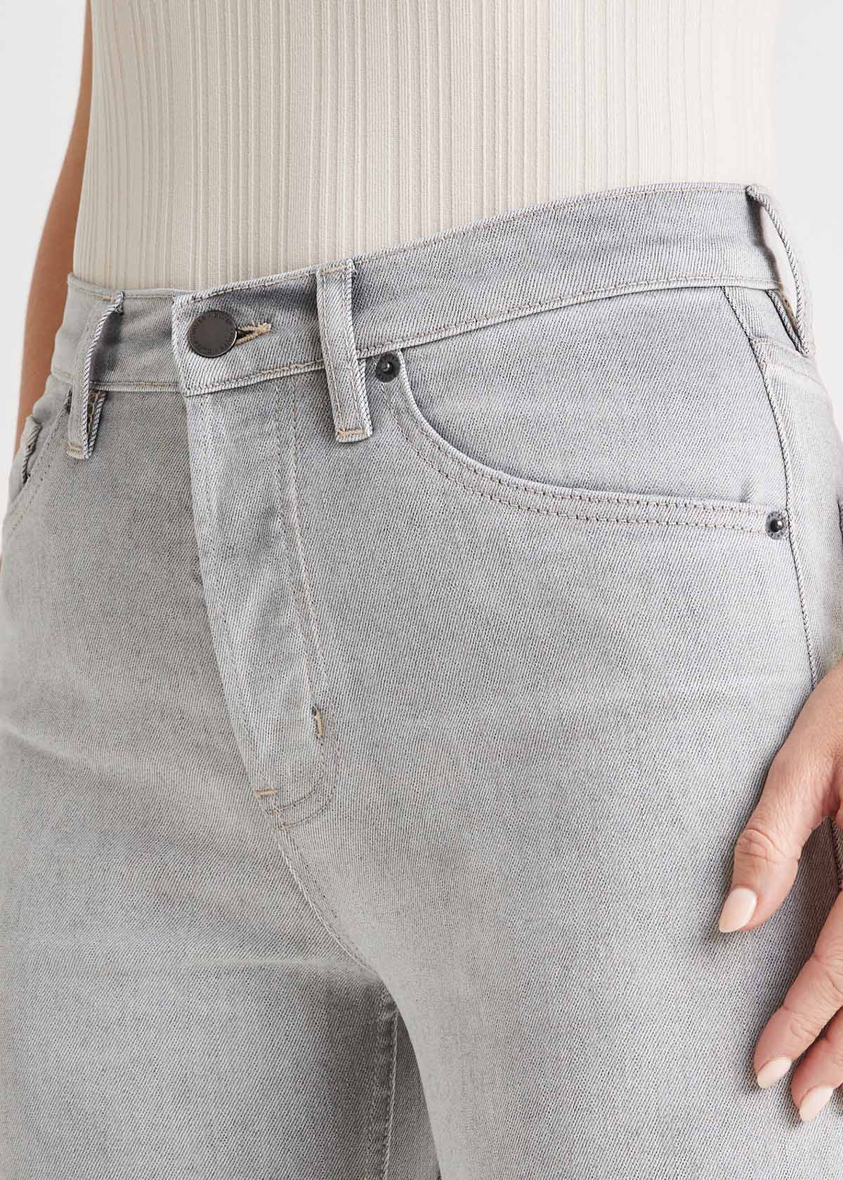 womens white high rise straight jeans waistband detail