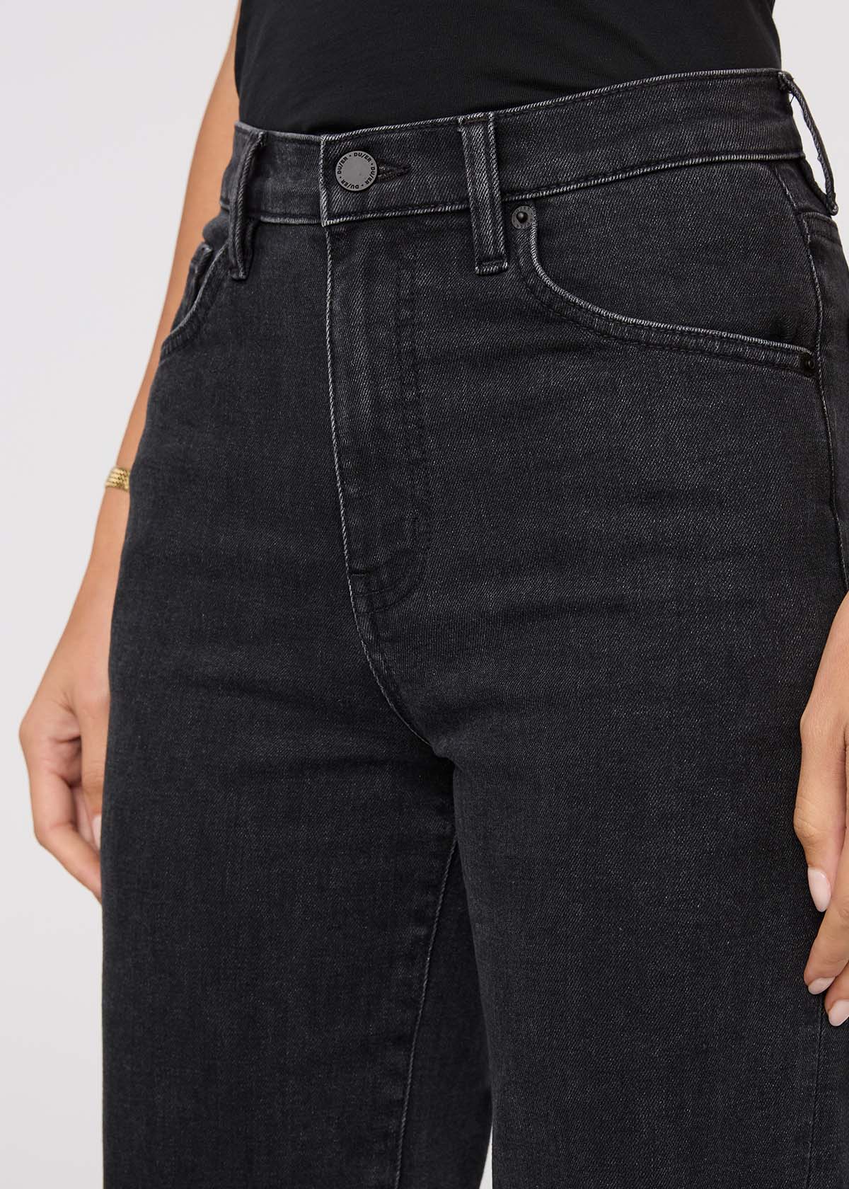 Women's High Rise Wide Leg Black Ash Stretch Jeans Front Detail