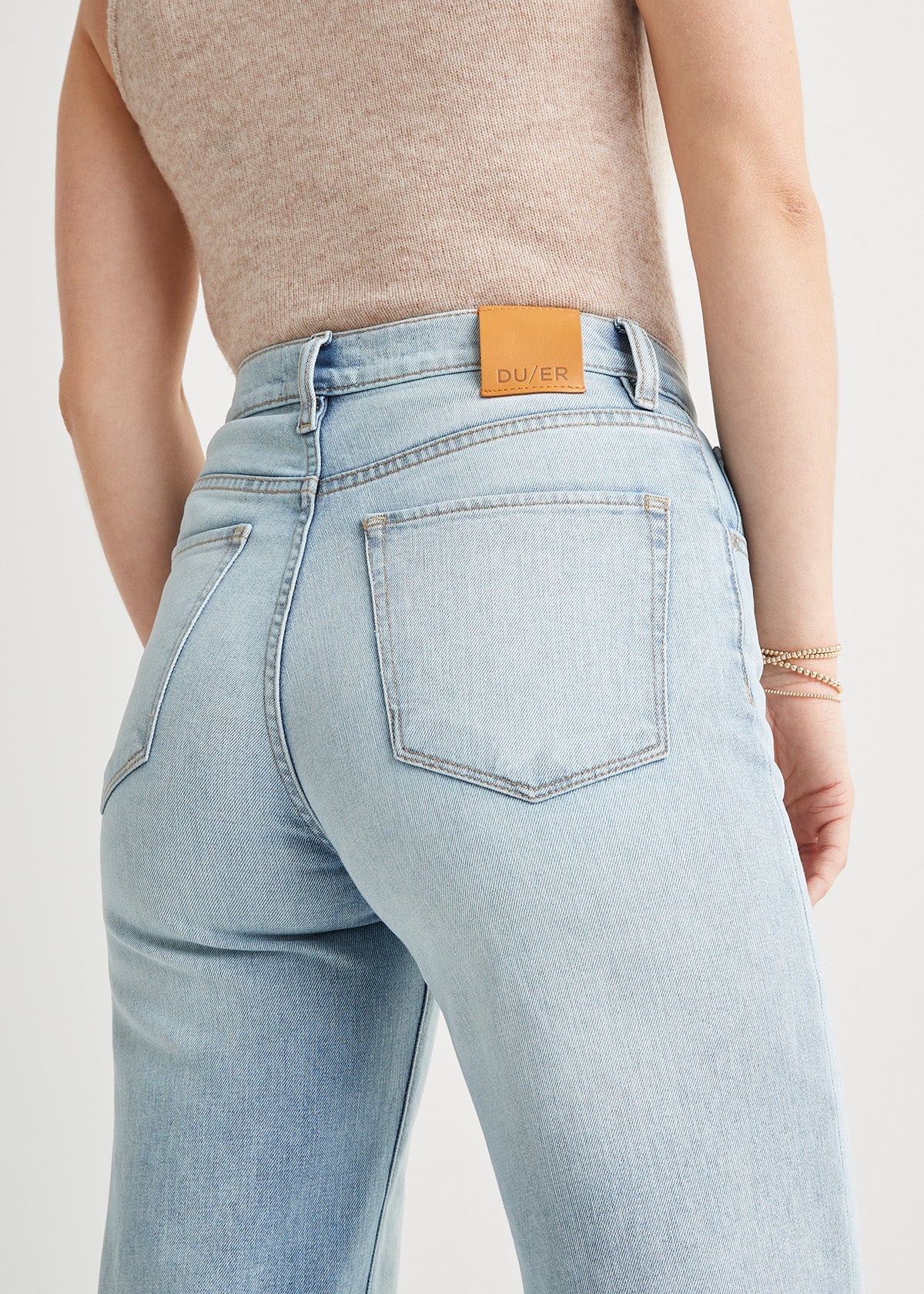 womens light wash high rise wide leg stretch jeans back waistband detail