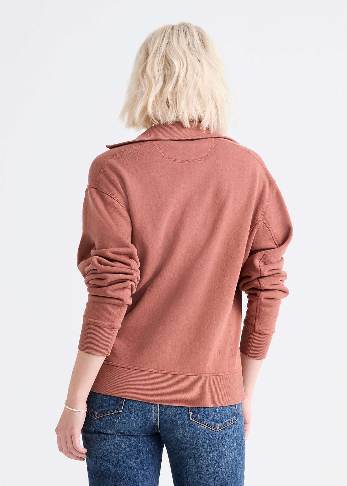 womens rust red brushed terry collared pullover back