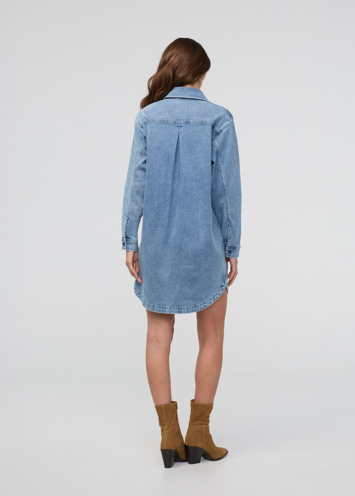 DUER Women's Performance Denim Lite Shirt Dress - Washed Indigo DUER Women's Performance Denim Lite Shirt Dress - Washed Indigo