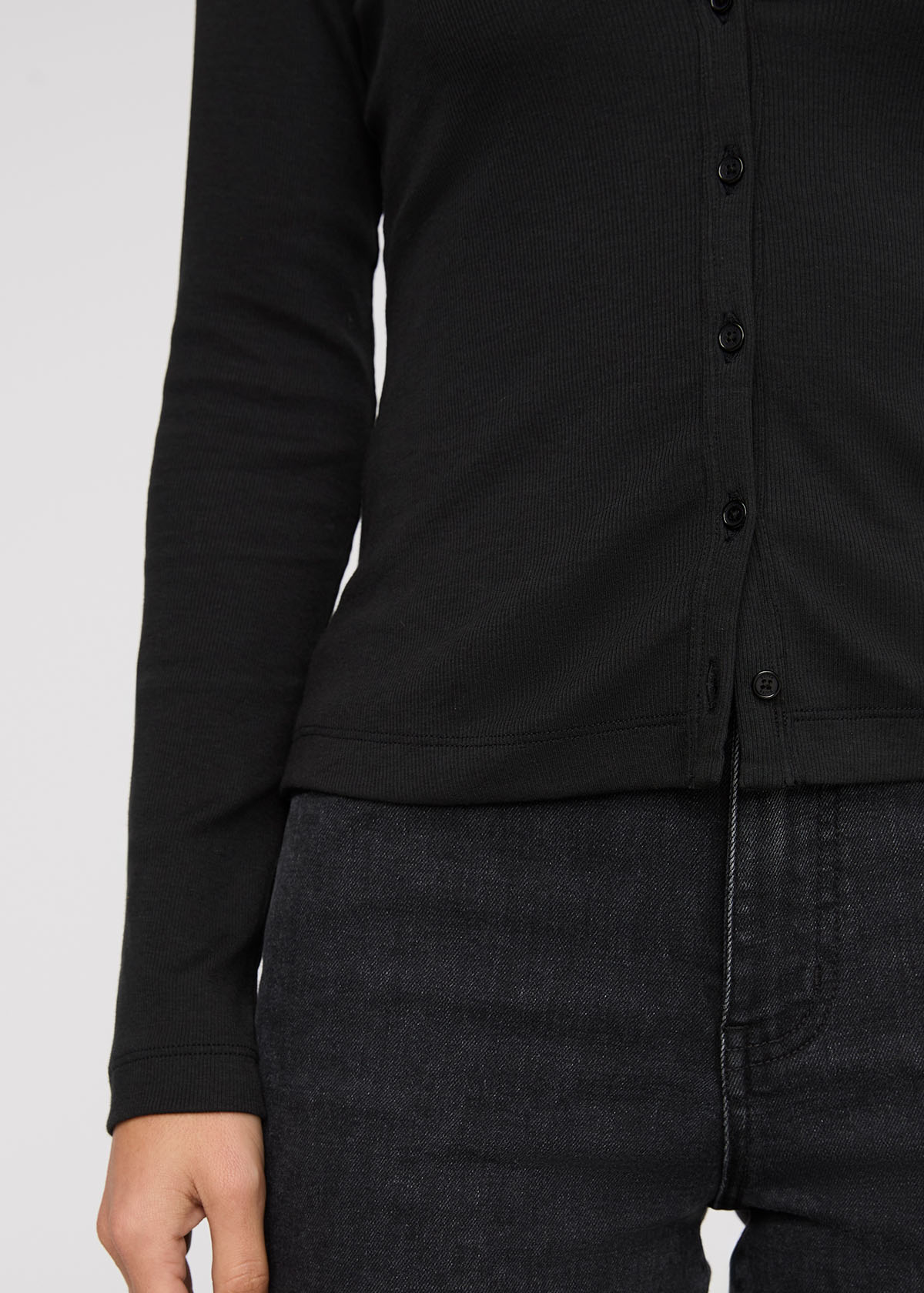 womens black fitted pima cotton long sleeve button down sleeve detail