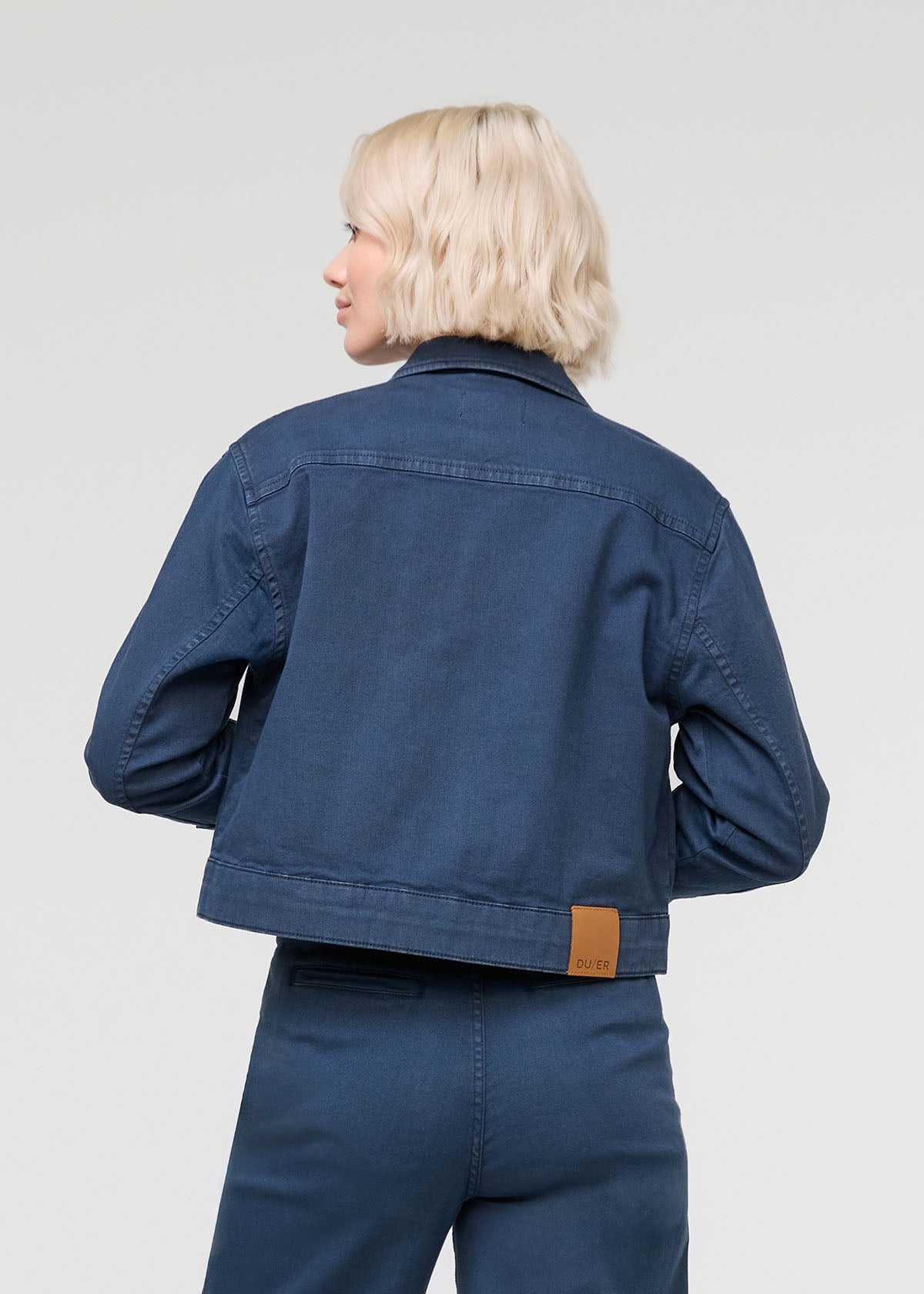 womens navy cotton trucker jacket back