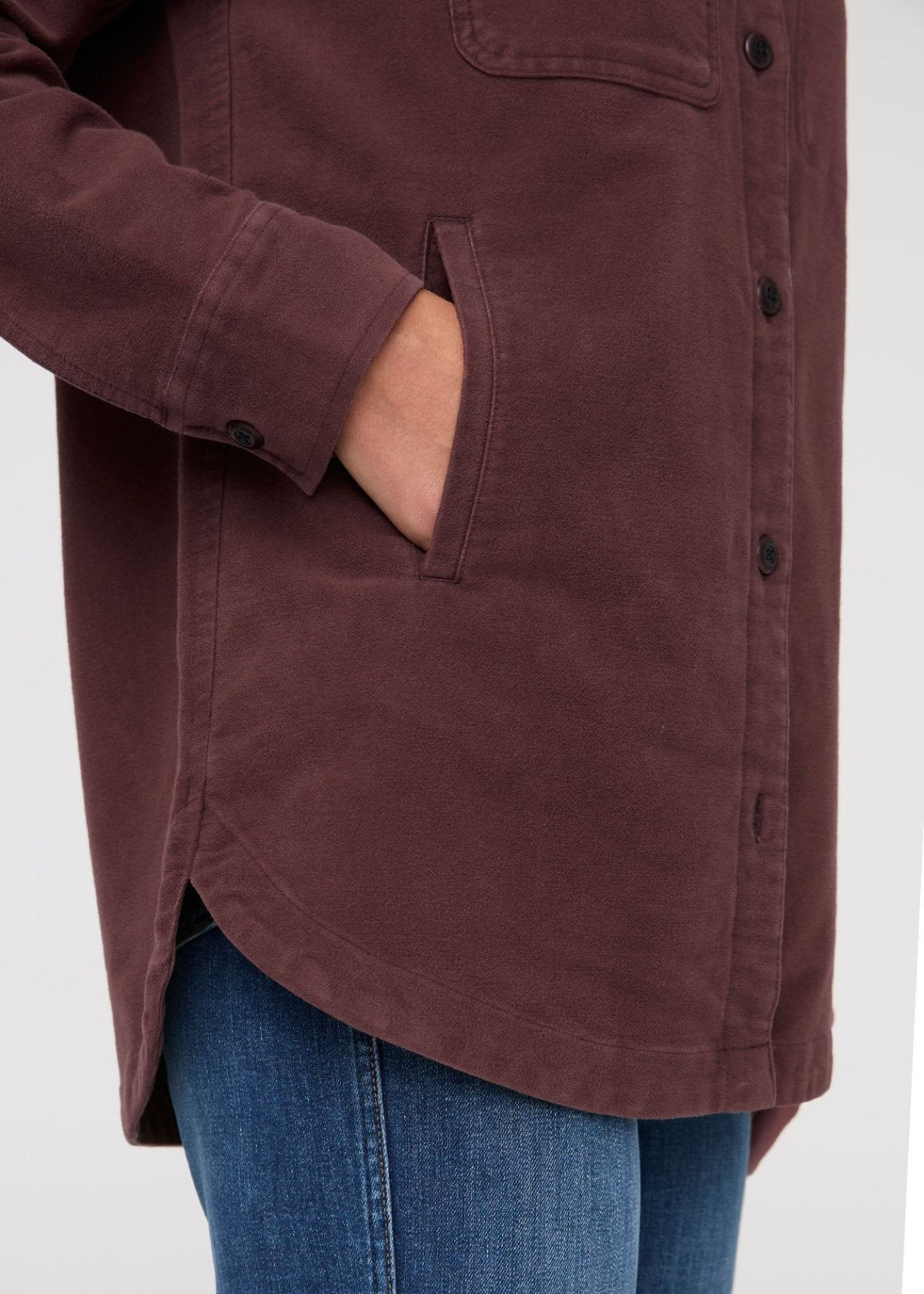 womens rich maroon moleskin overshirt front pockets