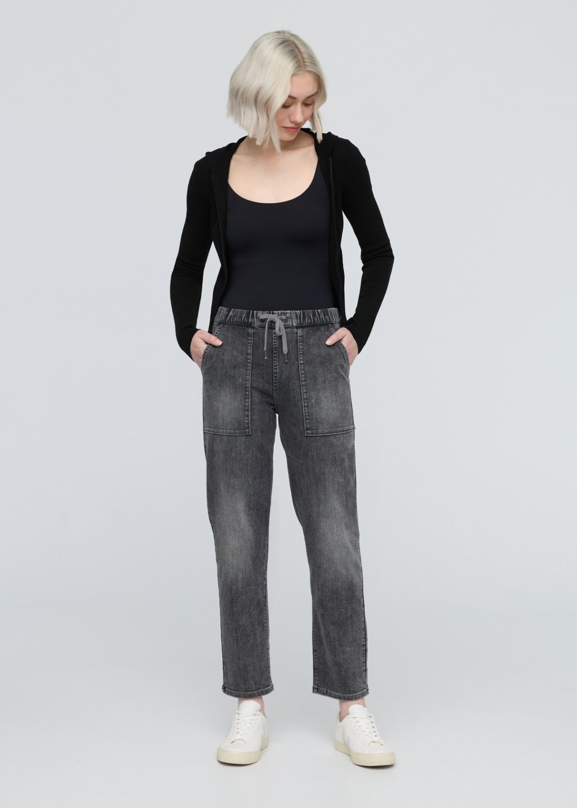 womens tumbled onyx relazed denim pull on pants full body