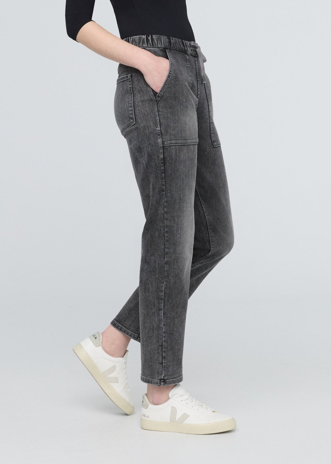 womens tumbled onyx relazed denim pull on pants side