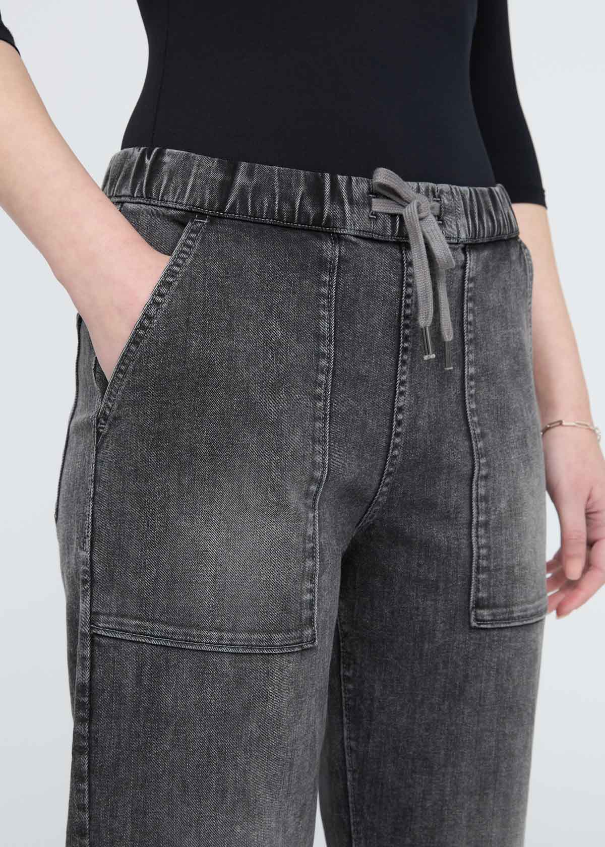 womens tumbled onyx relazed denim pull on pants front waistband and pocket