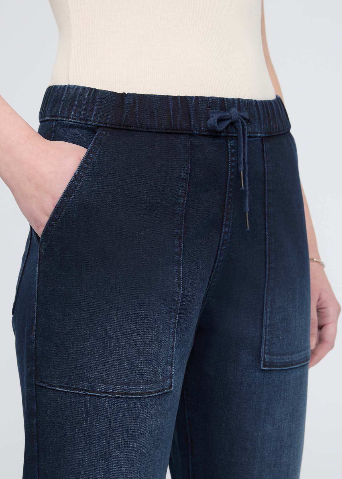 womens meteorite relaxed denim pull on pants front waistband detail