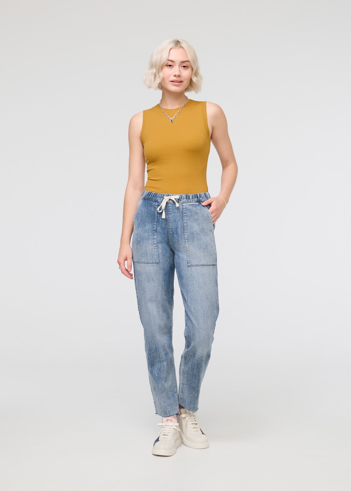 womens faded blue relaxed pull on denim pants full body