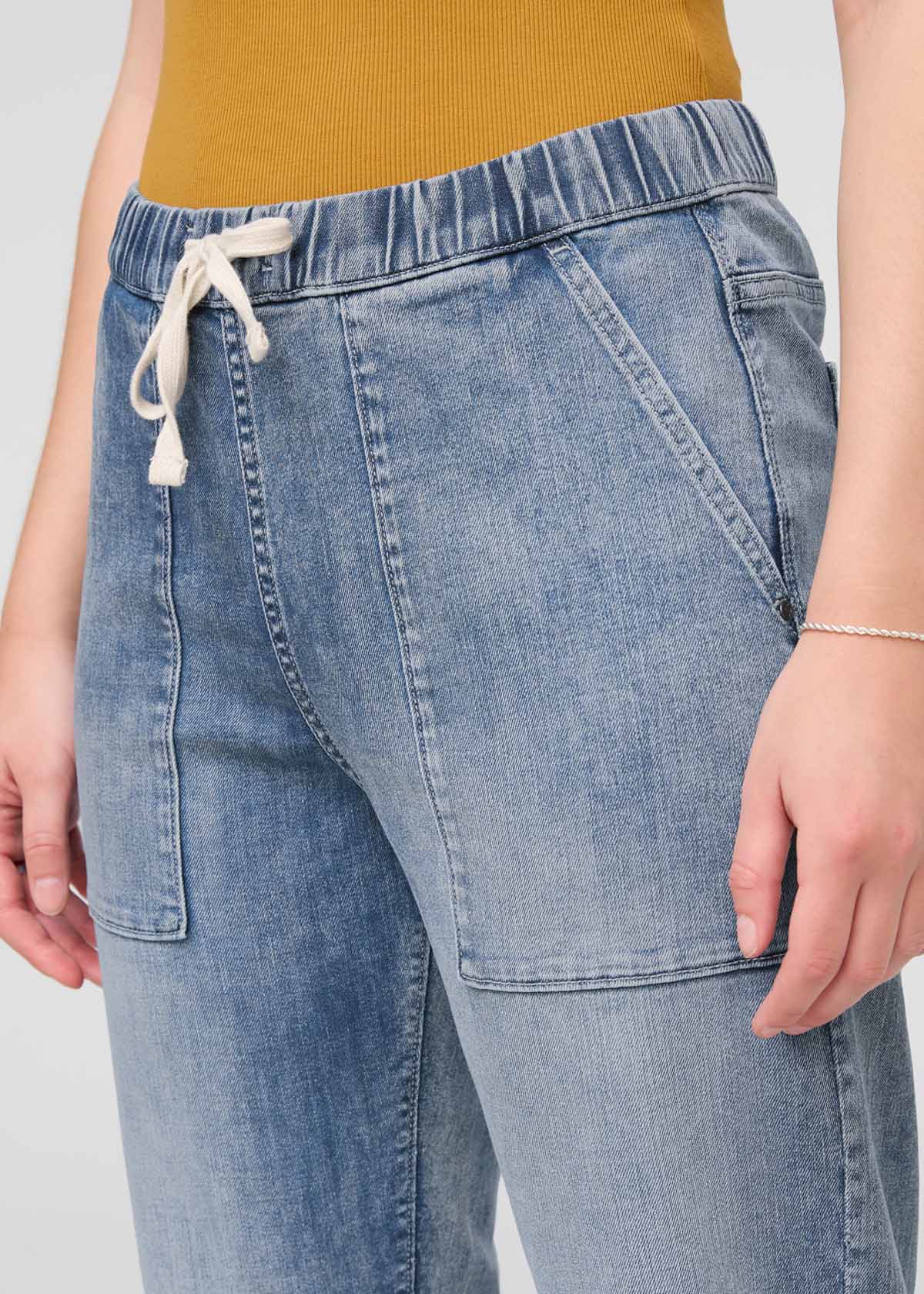 womens faded blue relaxed pull on denim pants front drawstring