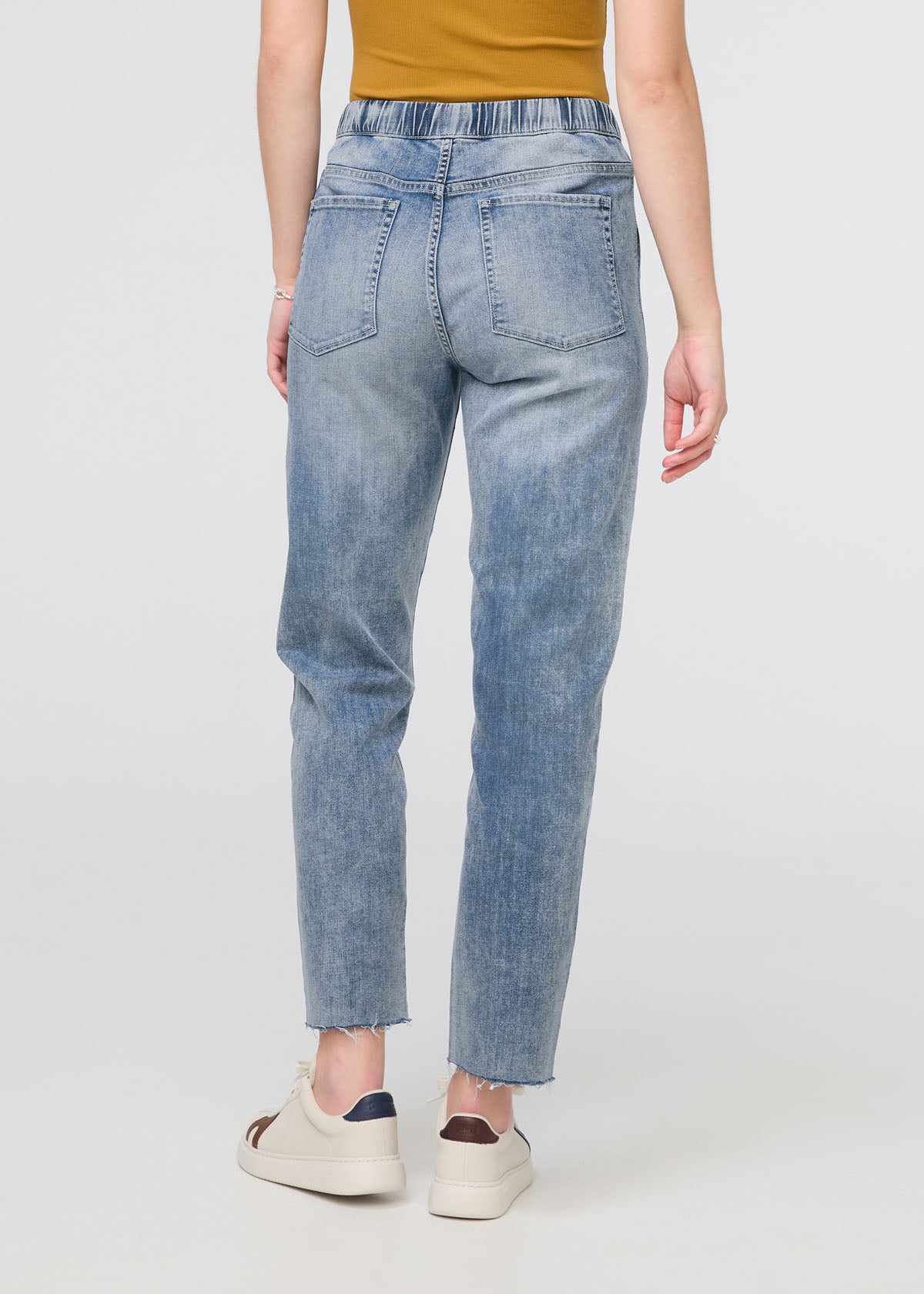 womens faded blue relaxed pull on denim pants back