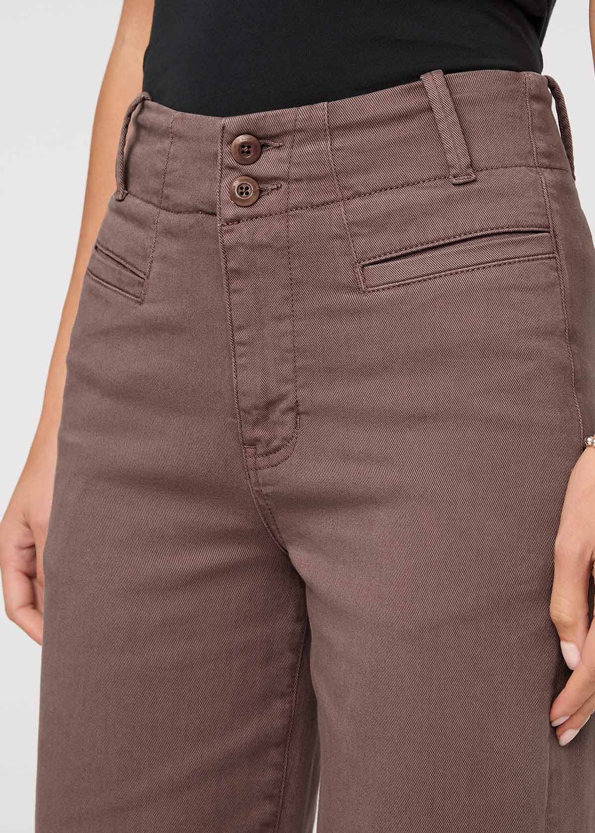 womens brown high rise trouser waistband details