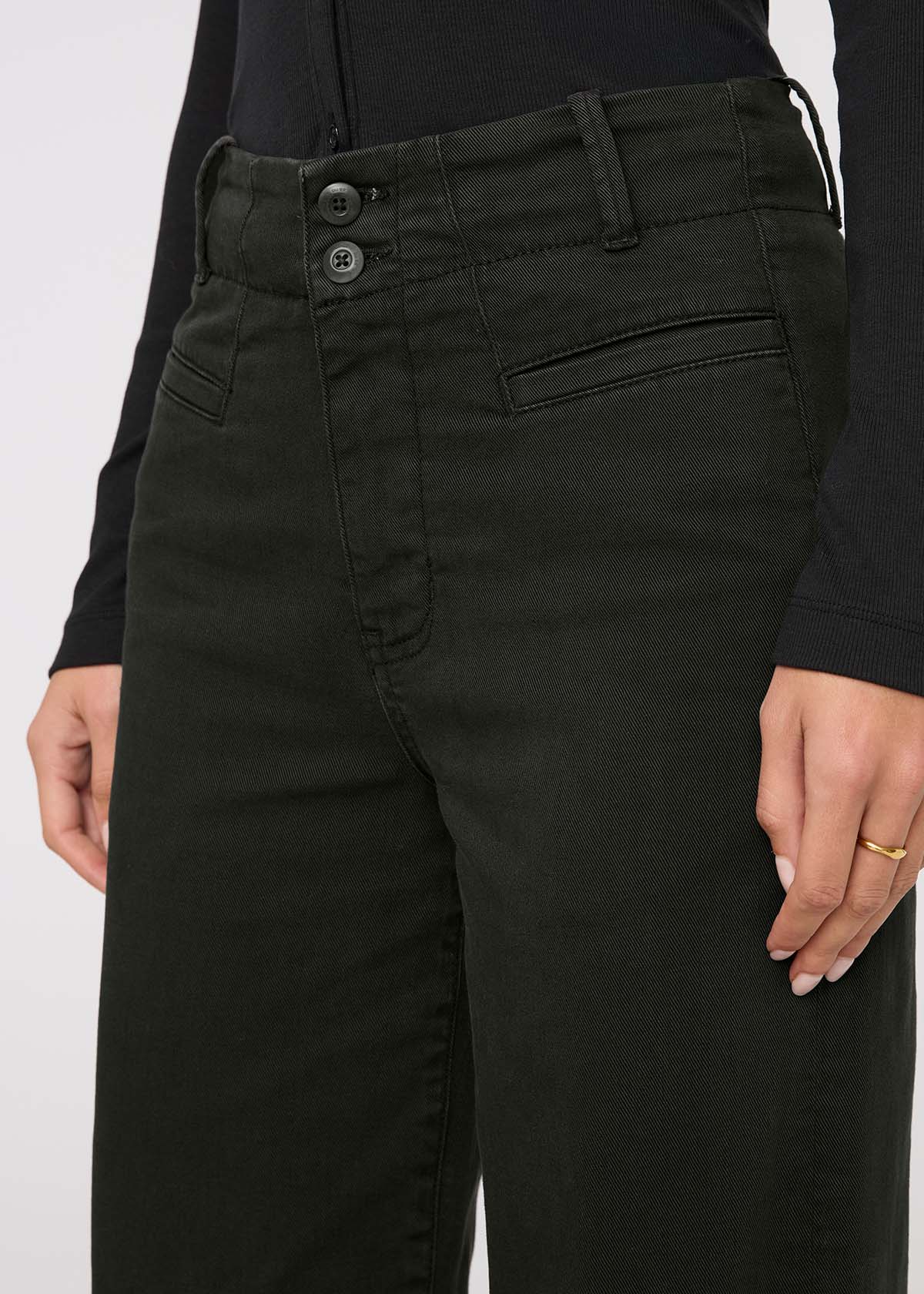 womens dark green high rise trouser waistband details