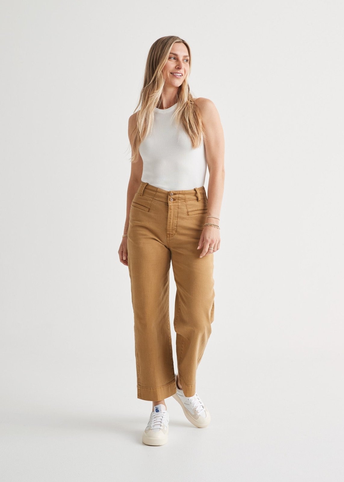 womens camel high rise twill trouser full body