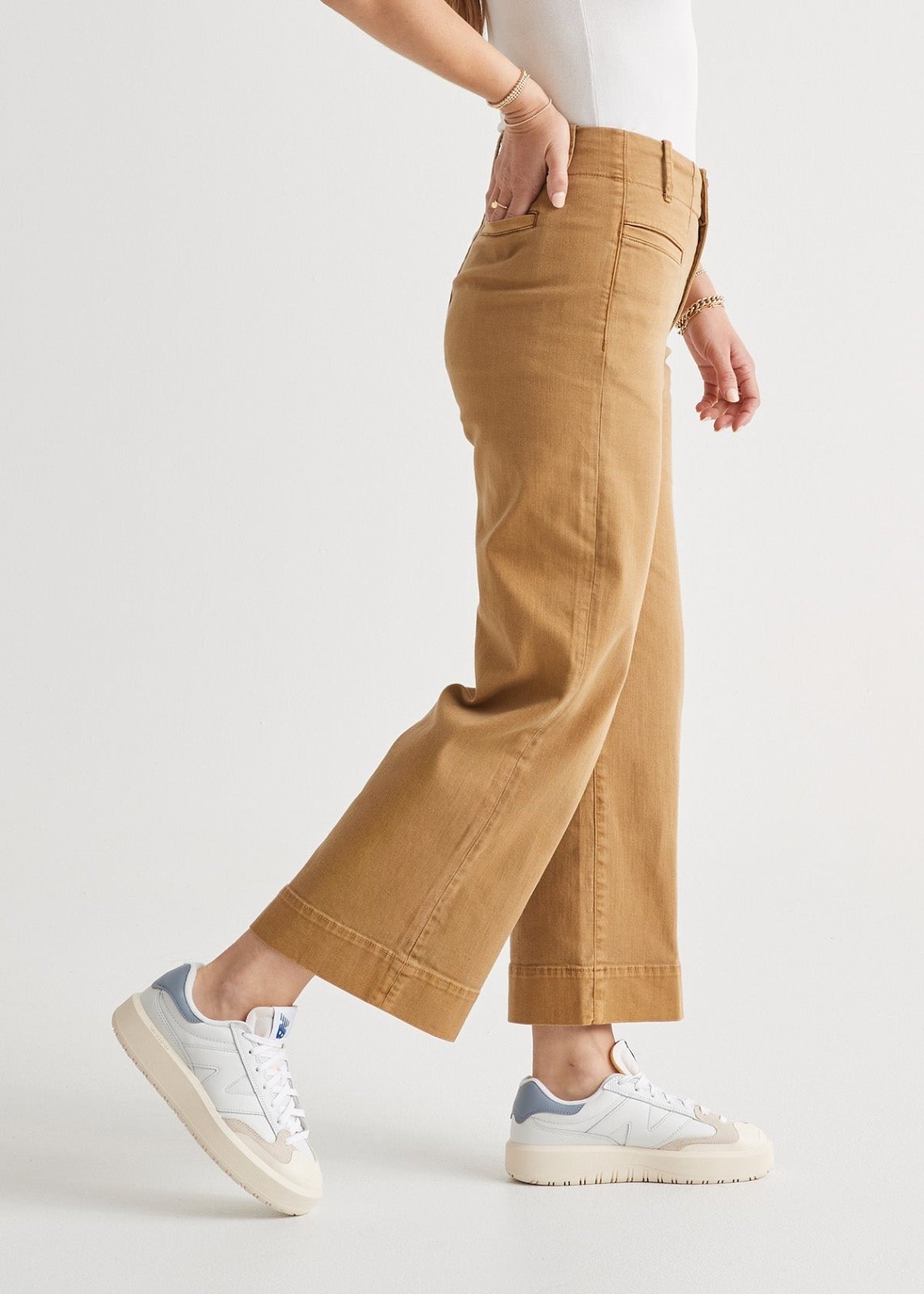 womens camel high rise twill trouser side