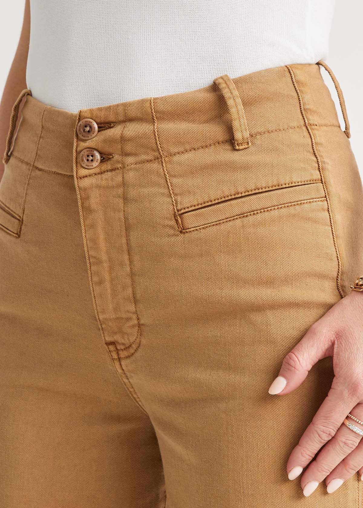 womens camel high rise twill trouser front waistband detail