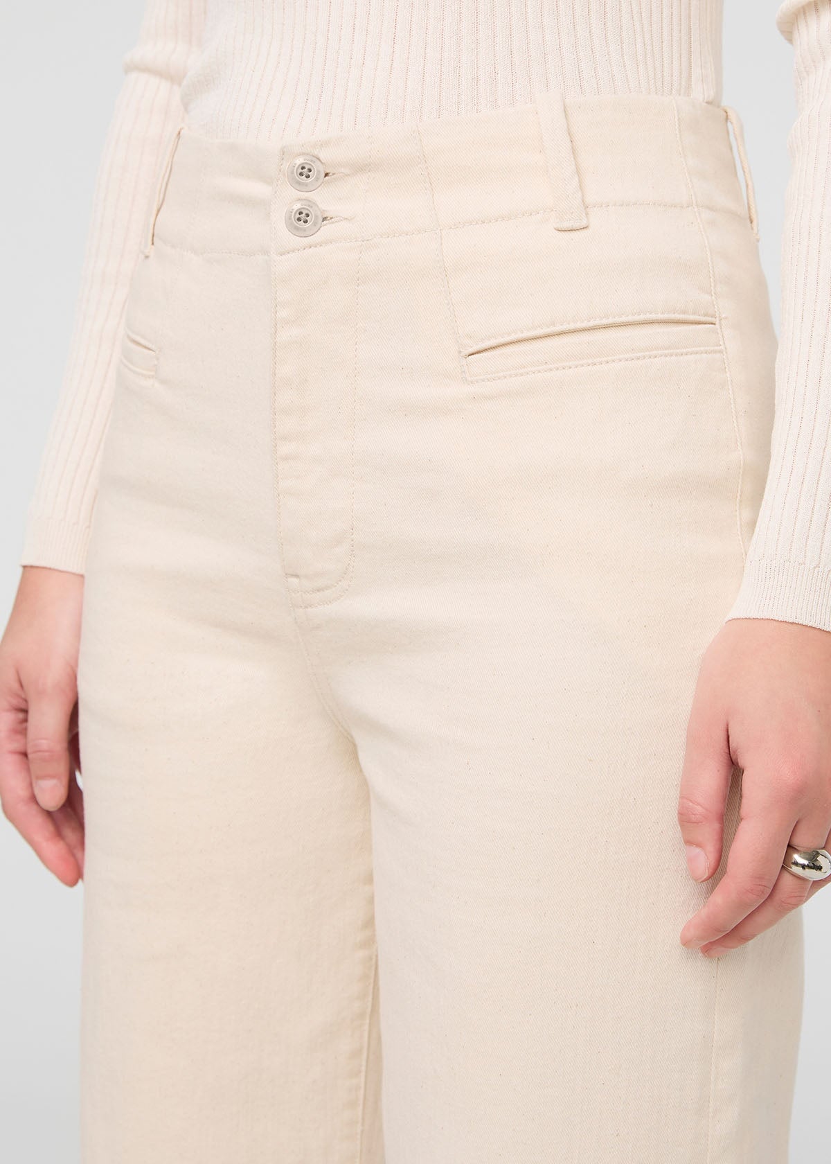 womens off-white high rise trouser front waistband detail