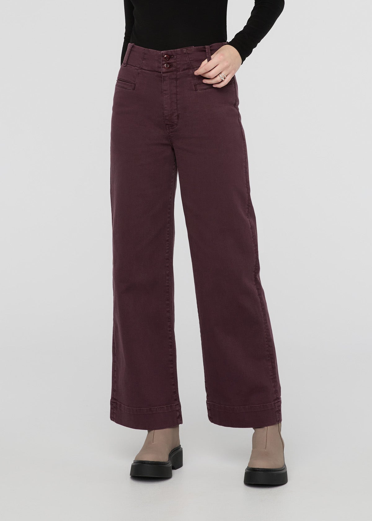 womens raisin high rise twill trouser front