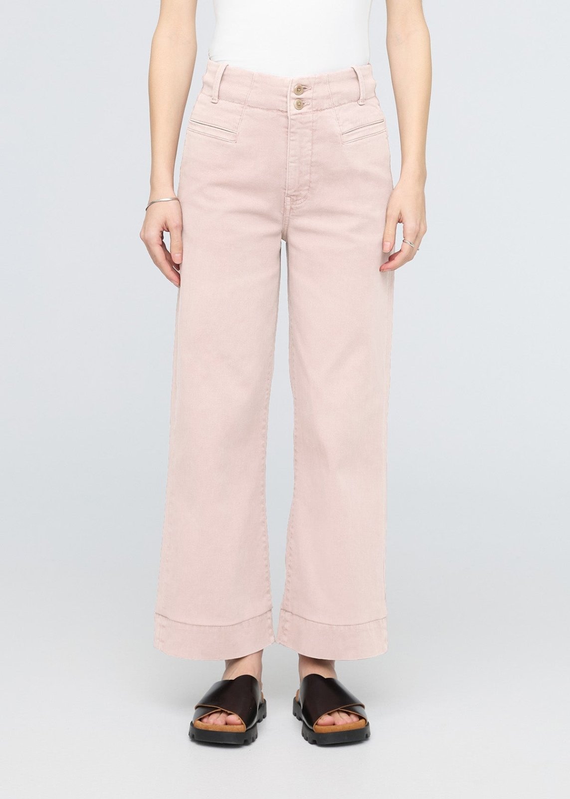 women's soft rose high rise twill trouser front