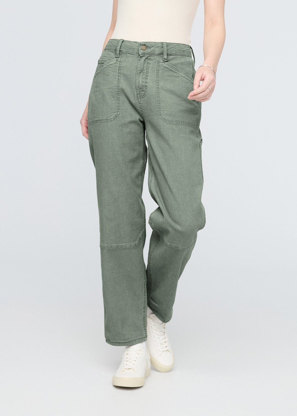 womens stretch canvas green utility pants front