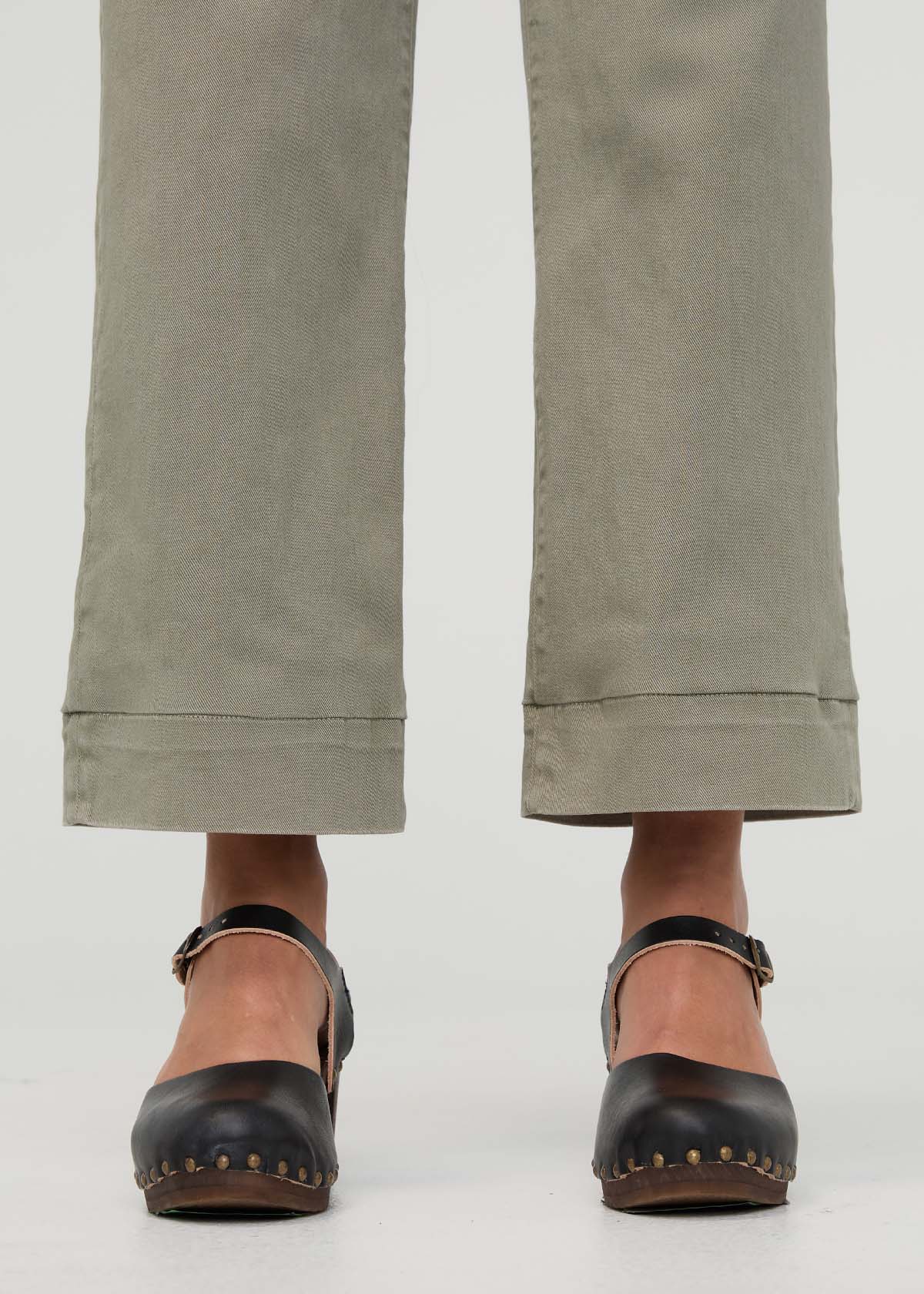 womens light muted green high rise trouser hem detail