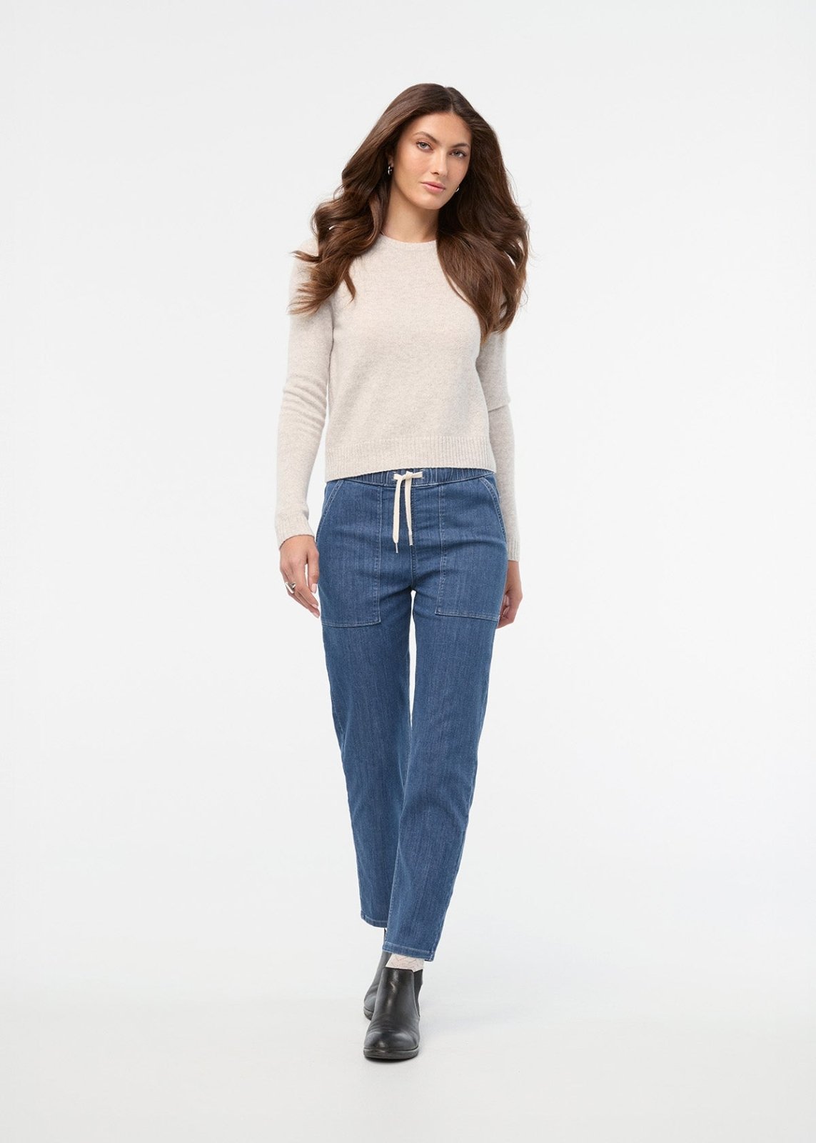 Women's Seaside Blue Relaxed Pull On Lightweight Denim Pants full body