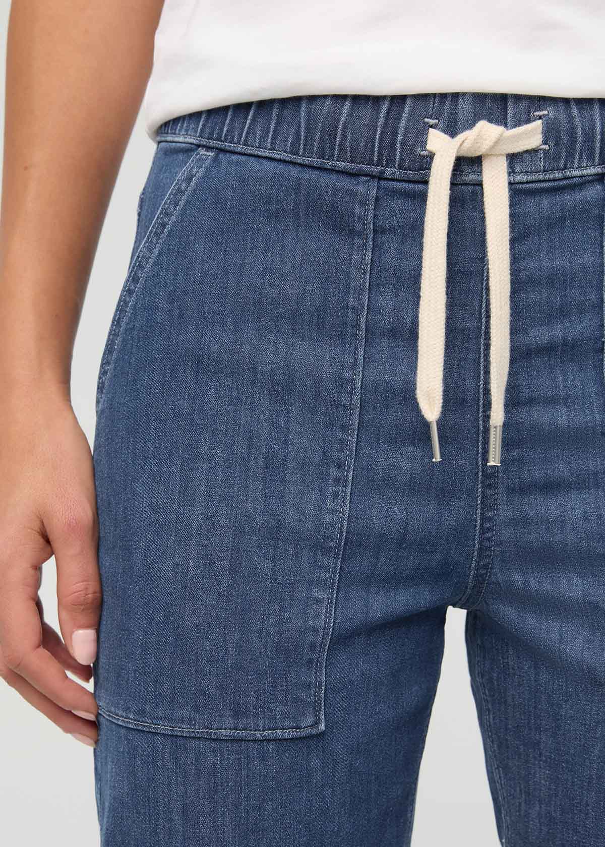 Women's Seaside Blue Relaxed Pull On Lightweight Denim Pants front waistband detail