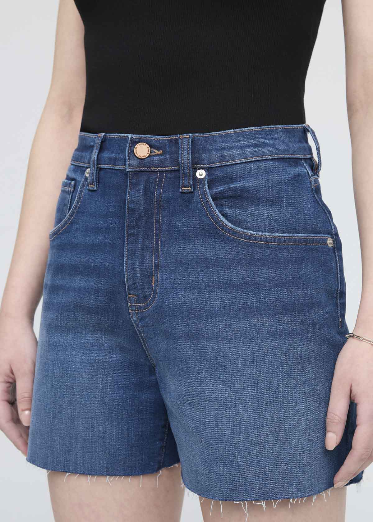 Women's Medium Indigo High Rise Denim Shorts front detail