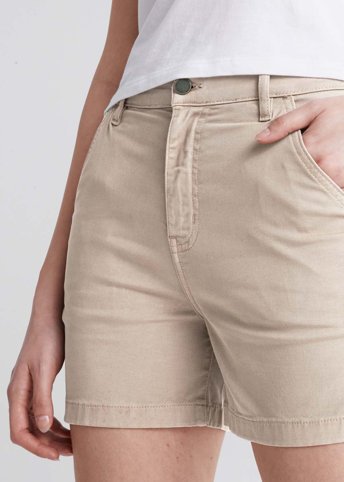 womens off-white stretch utility shorts front waistband detail