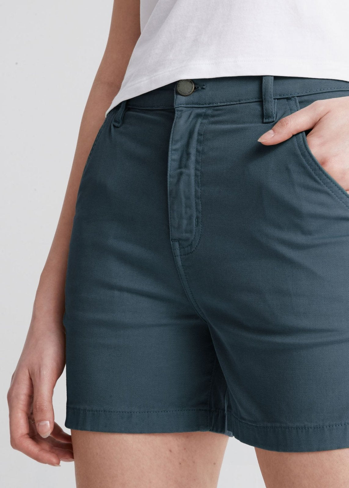womens dark blue stretch utility shorts front waistband detail
