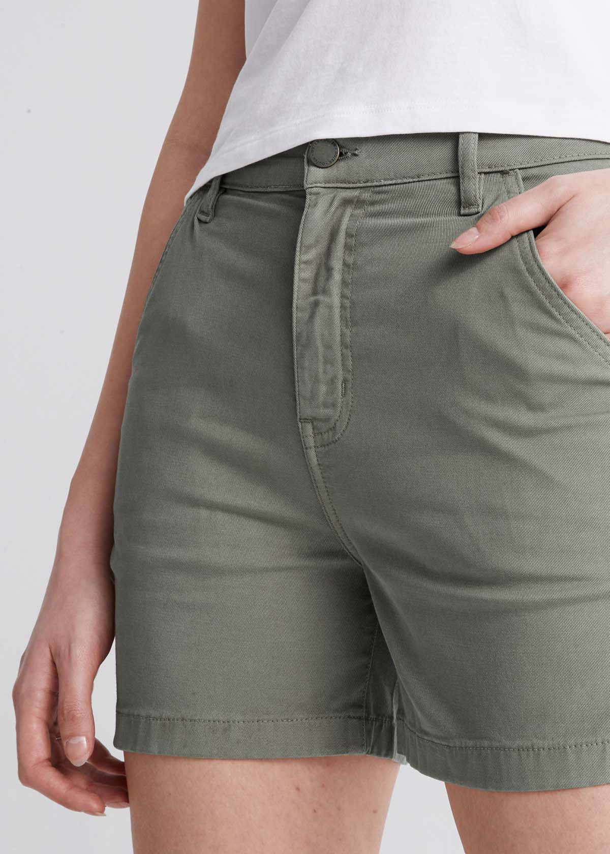 womens green stretch utility shorts front waistband detail