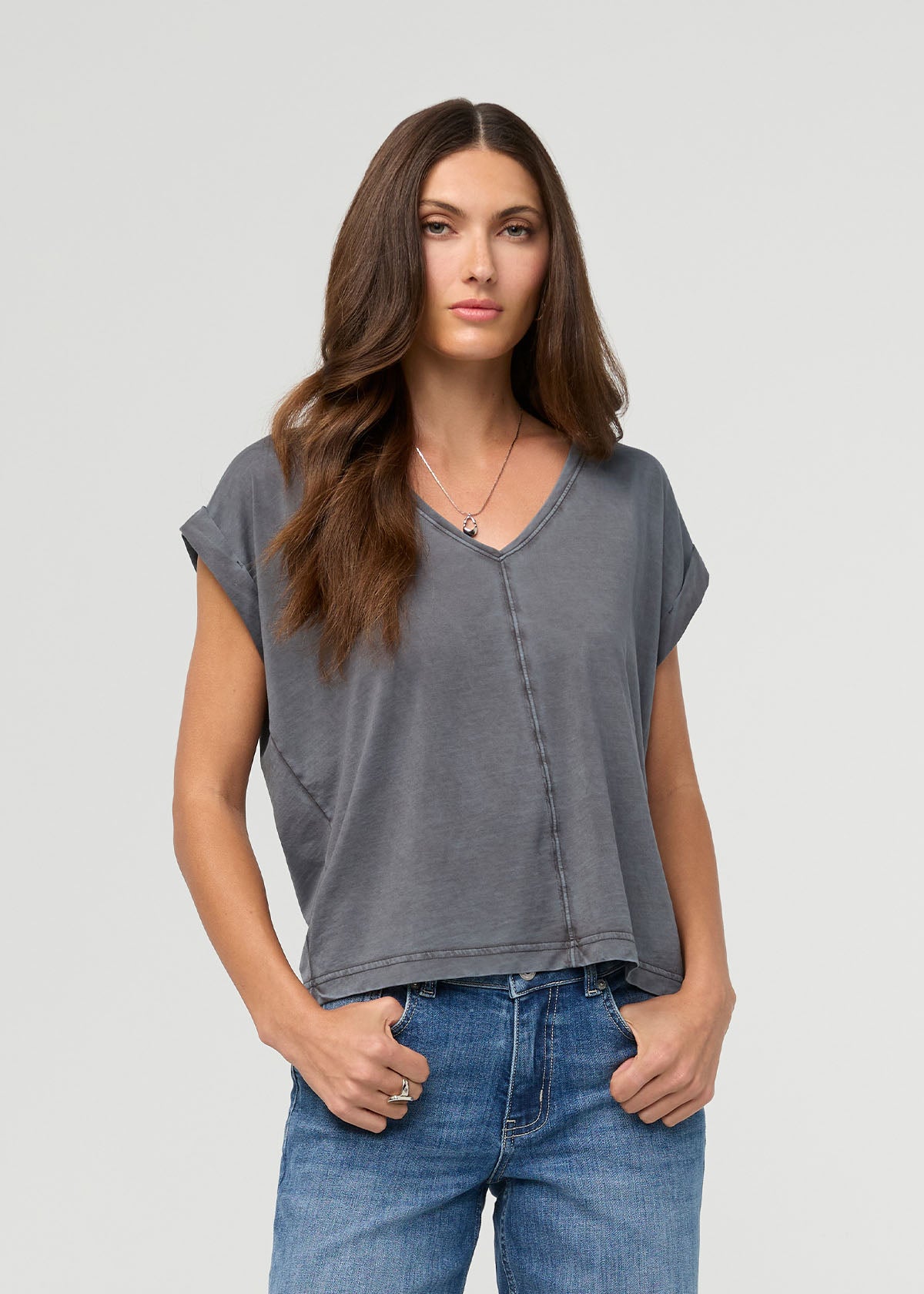 Women's Washed Grey Pima Cotton Dolman V-Neck front