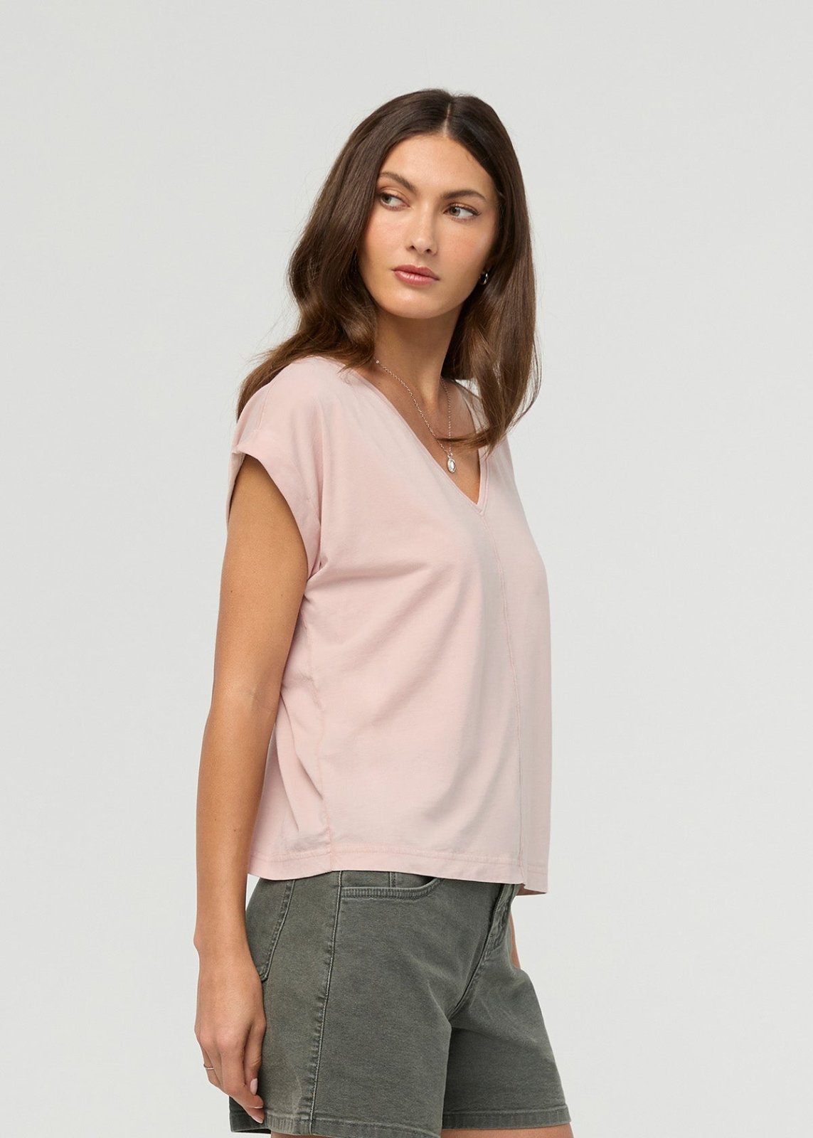 Women's Washed Soft Rose Pima Cotton Dolman V-Neck Side