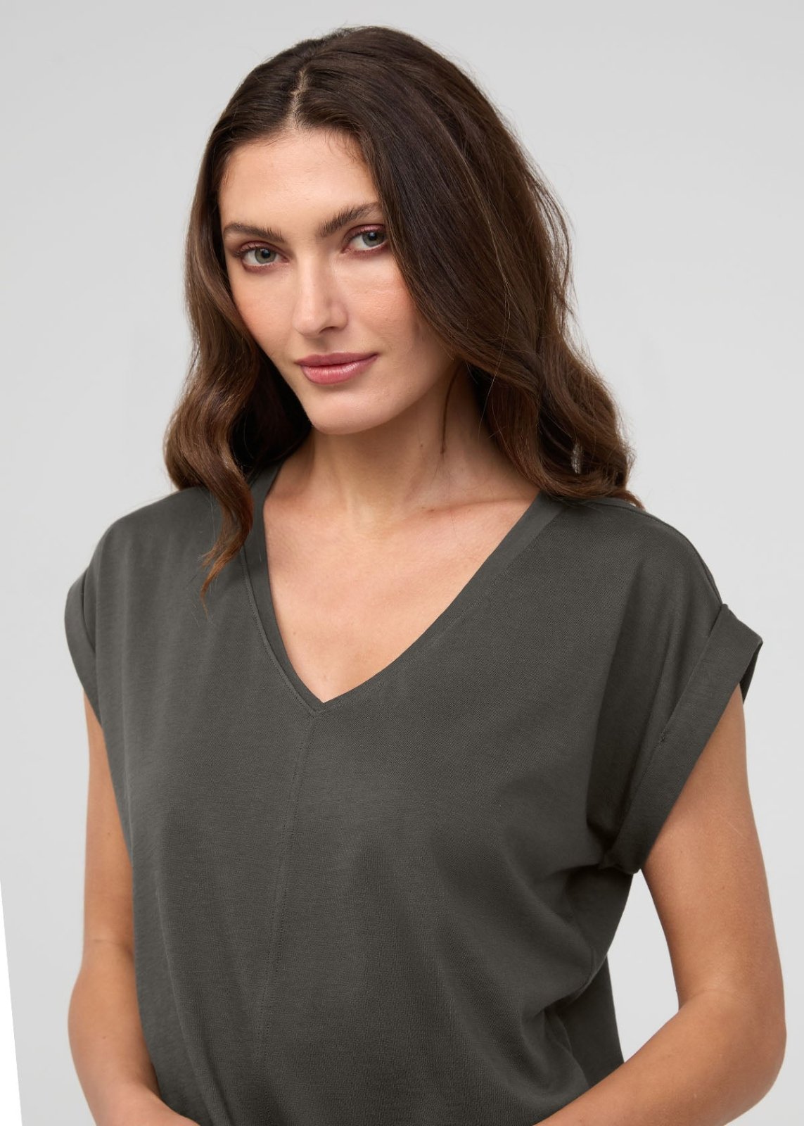 Women's Evergreen Pima Cotton Dolman V-Neck Front Detail