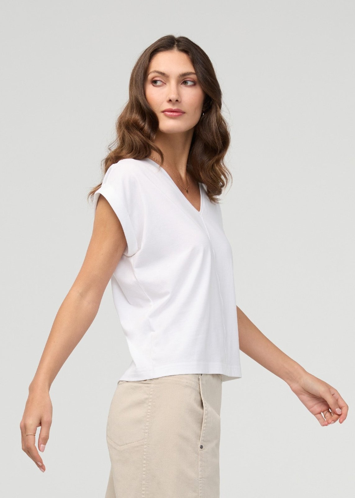 Women's White Pima Cotton Dolman V-Neck Side