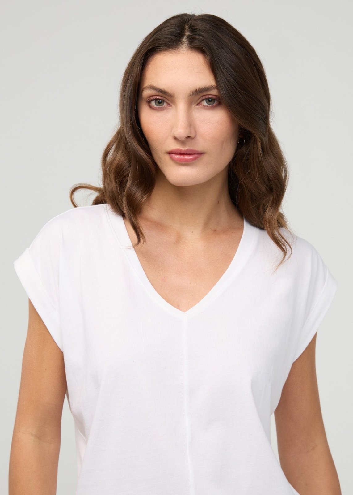 Women's White Pima Cotton Dolman V-Neck Front Detail