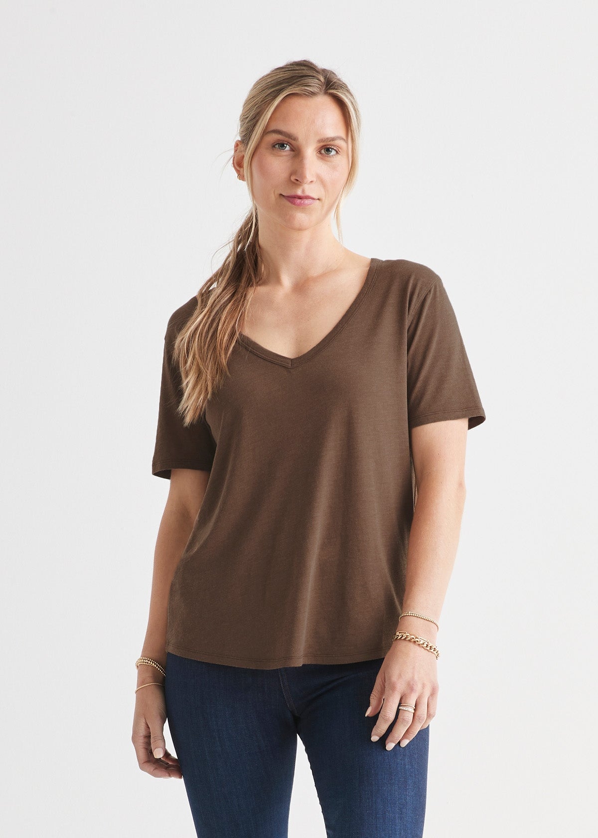 womens soft lightweight brown v-neck t-shirt front