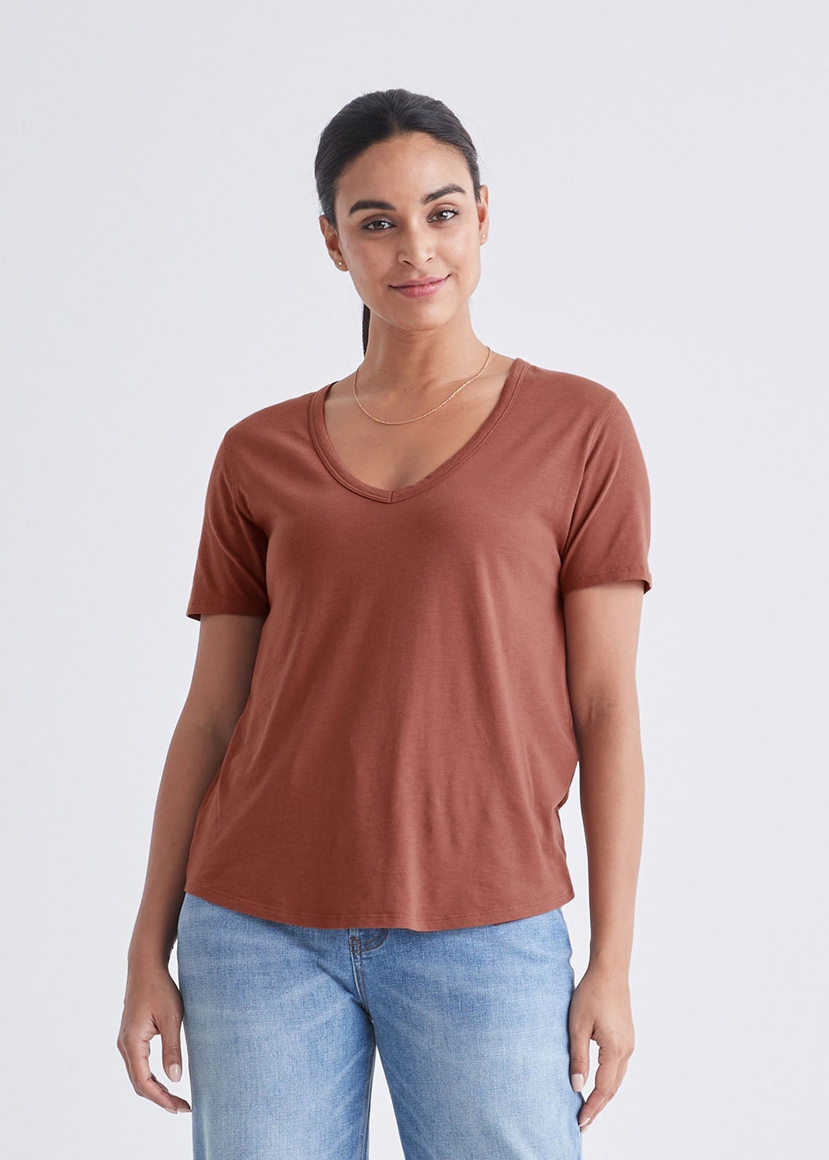 womens soft lightweight reddish-brown v-neck t-shirt front