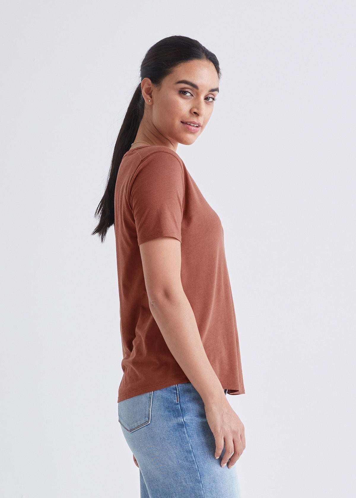 womens soft lightweight reddish-brown v-neck t-shirt side