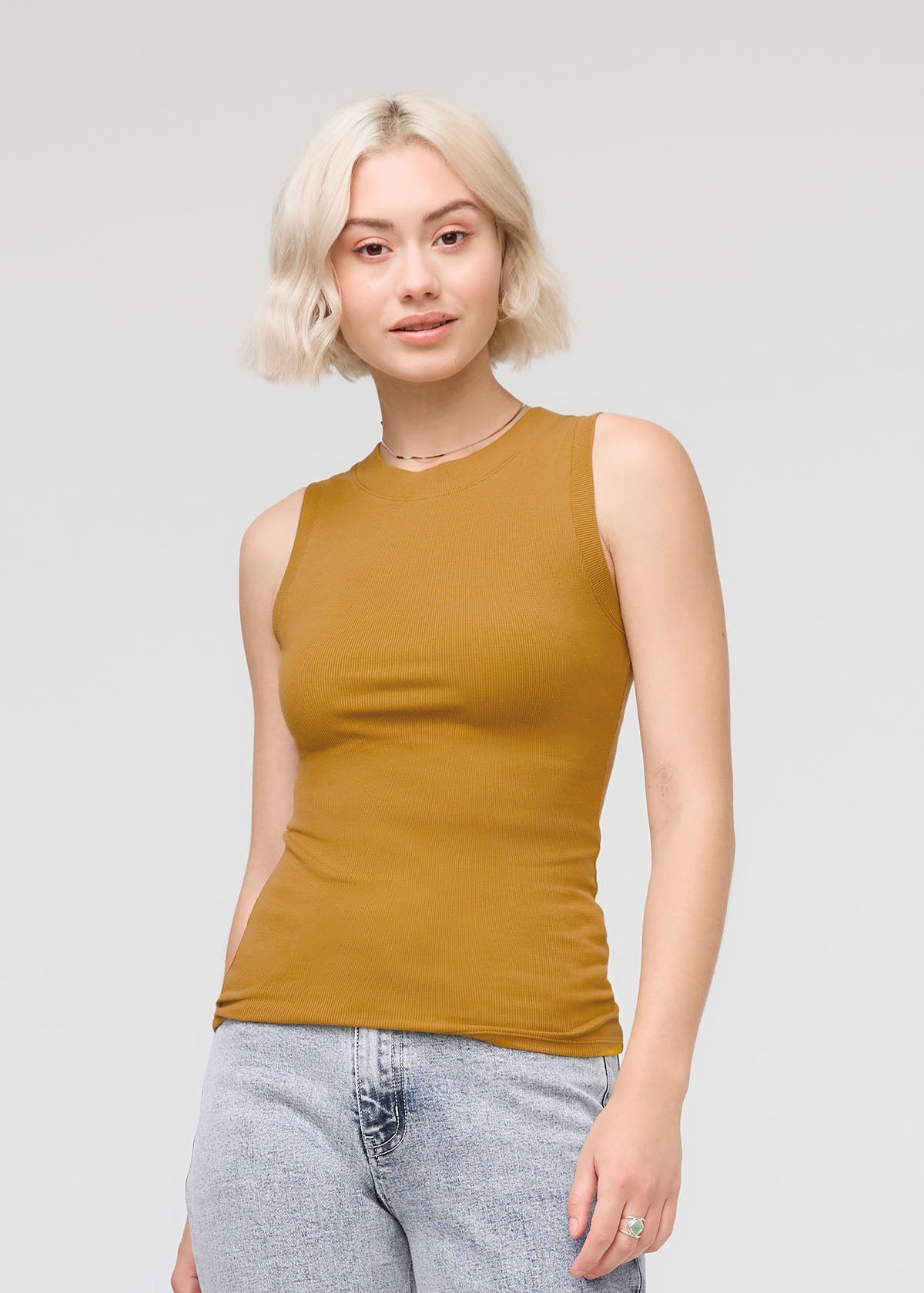 womens light-brown ribbed pima cotton high neck tank front