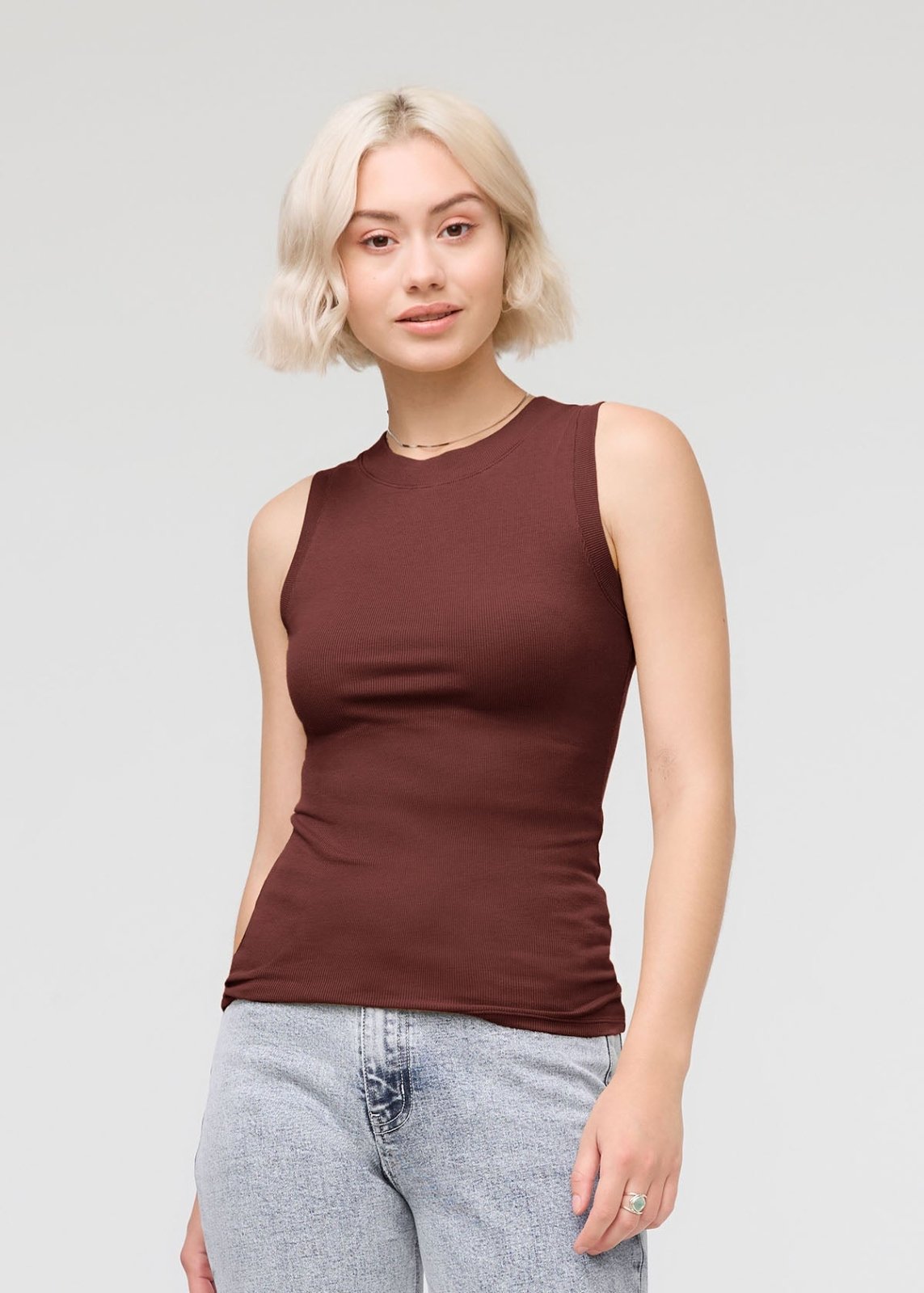 womens rich maroon ribbed pima cotton high neck tank front