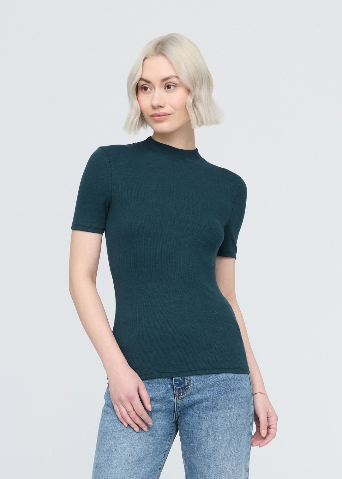 womens blue pima cotton mock neck tee front