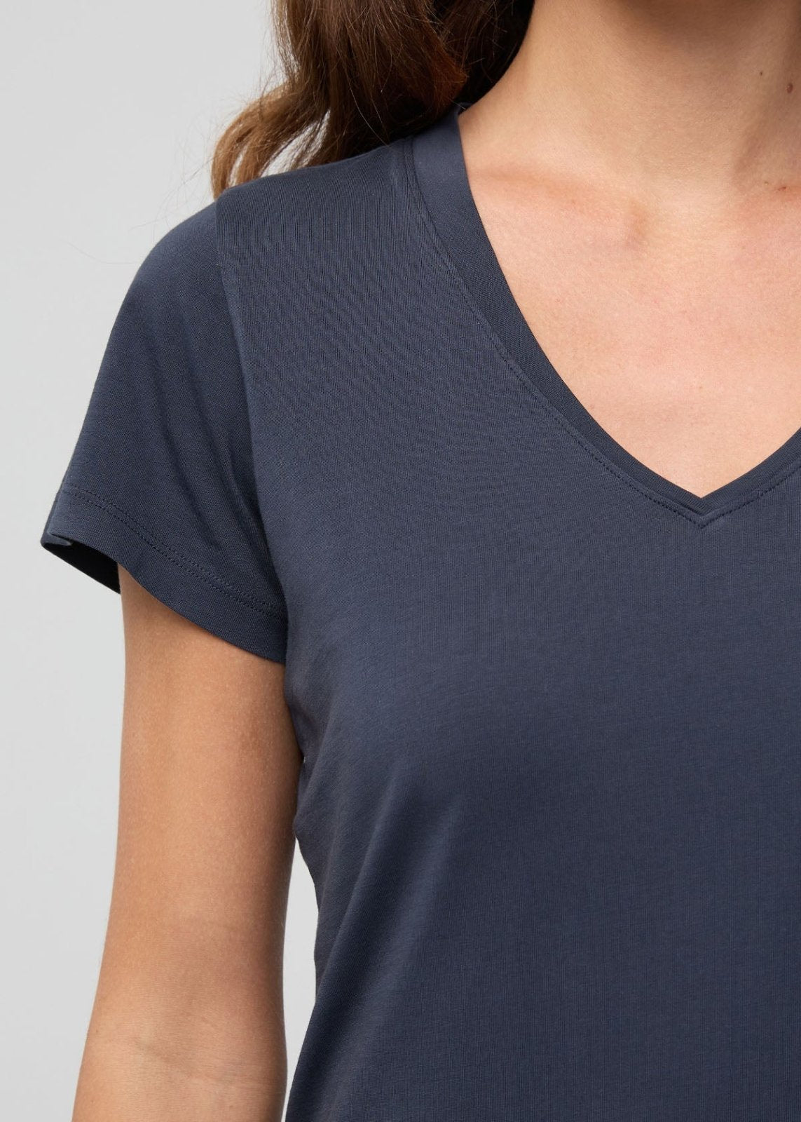 Women's Navy Pima Cotton V-Neck Neck Detail